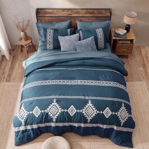 Embroidery Full Size Comforter Set 7 Pieces Navy Blue Bed in a Bag (7 Piece Set)