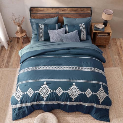 Embroidery Full Size Comforter Set 7 Pieces Navy Blue Bed in a Bag (7 Piece Set)