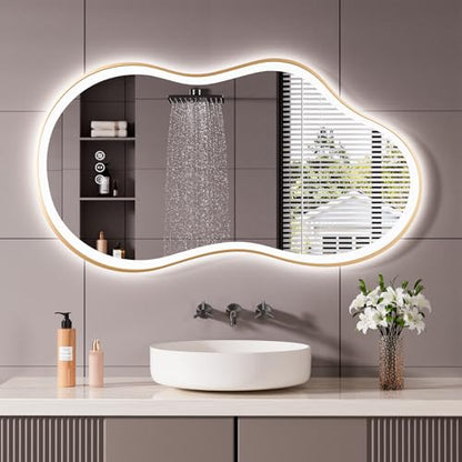 26''x46'' Irregular LED Bathroom Mirror with Lights & Gold Frame