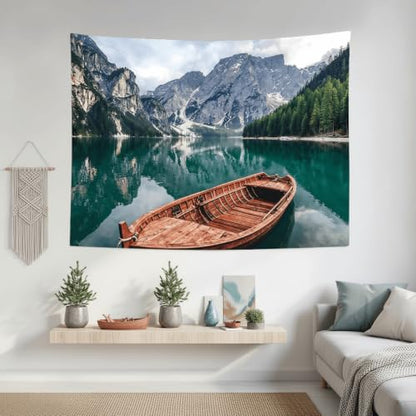 Nature Mountain Lake Boat Tapestry 48x36 Inch