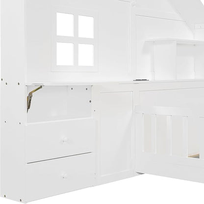 Twin Size Kids Floor Bed with Safety Fence, Solid Wood Montessori Platform Bed with House Shape Headboard with Bedside Drawers, Shelves, Sockets and USB Port for Kids Boys Girls (White-LT1)