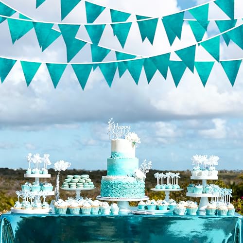 Teal Aqua Blue Triangle Pennant Banner Dark Metallic Fabric Flag Bunting Garland for Birthday Bridal Shower Graduation Wedding Holiday Retirement Mermaid Party Decorations Supplies