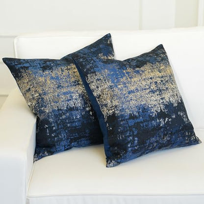 Navy Champagne Metallic Jacquard Pillow Covers 20x20 Pack of 2 Velvet Back Modern Glam Sofa Decor (2 Count)