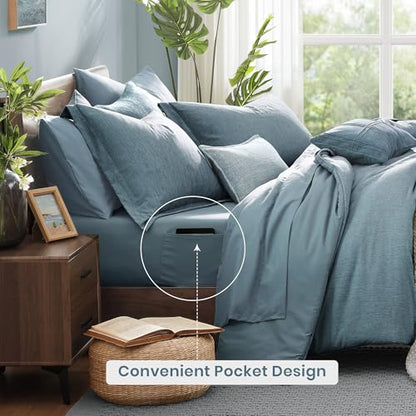 Full Comforter Set 7 Pieces Dusty Blue Cationic Dyeing Bed in a Bag