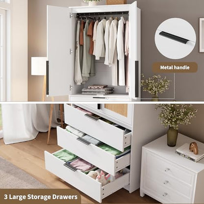 70" Wardrobe Armoire Wooden Closet with 3 Drawers