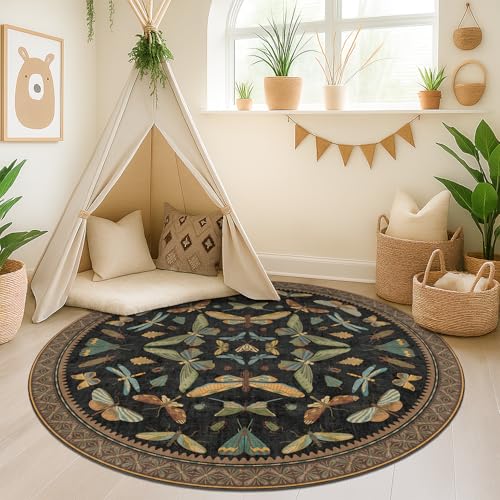 Black Boho 5ft Round Throw Rugs for Living Room (25 Sq Ft)