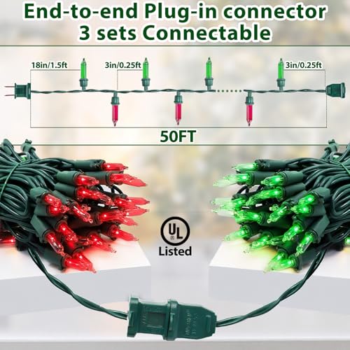 Christmas Lights 50FT 200 Count Incandescent Bulbs Red and Green Mini Lights with Green Wire for Christmas Tree