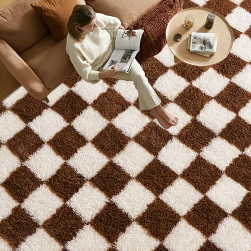 Fluffy Plush Shag Checkered Rug