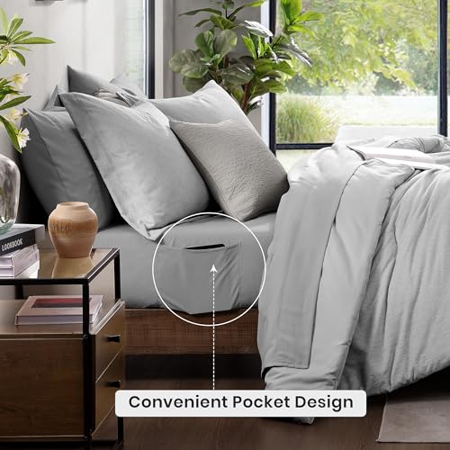 Full Comforter Set 7 Pieces Light Grey Cationic Dyeing Bed in a Bag