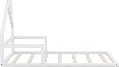 Harper & Bright Designs Twin Size Floor Bed with House Shaped Headboard, Montessori Floor Bed for Kids, Solid Wood Low Bed Frame for Bedroom, Playroom, Wooden Slats Support, White