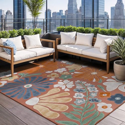 Outdoor Rug 10x14 Large Modern Floral Tropical Area Rugs for Outdoor and Indoor Patio Easy to Clean Non Shedding Living Room Porch Garden Washable Outside Carpet (140 Sq Ft)