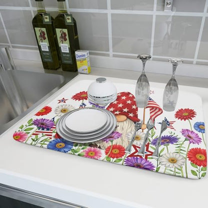 4th of July Dish Drying Mat for Kitchen Counter Cute Patriotic Super Absorbent Reversible Microfiber Kitchen Countertop Protector Dishes Pad Large 18x24 inch