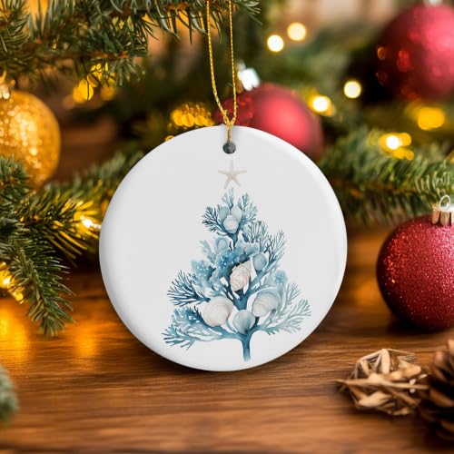 Blue Coastal Coral Shell Tree Christmas Ceramic Ornament Gifts