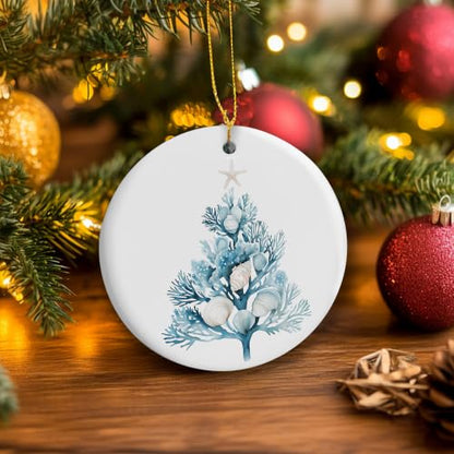 Blue Coastal Coral Shell Tree Christmas Ceramic Ornament Gifts