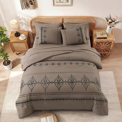 Full Size Comforter Set Embroidery Floral 7 Pieces Bed in a Bag
