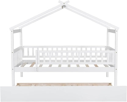 Merax Twin Size Wooden House Bed with Twin Size Trundle, Wood Bed Frame with Roof and Safety Guardrail for Kids, Teens, Boys or Girls, White