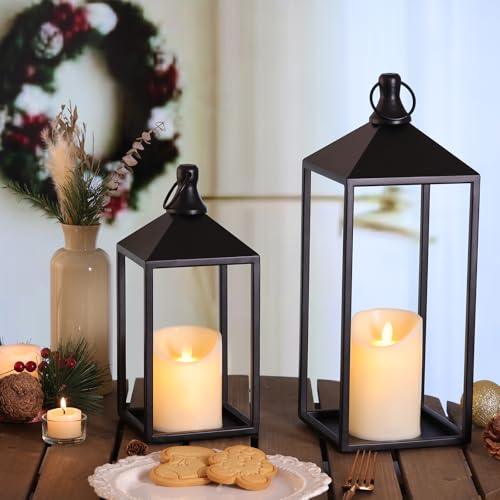 2 Pcs Black Decorative Metal Lanterns Farmhouse Lantern Decor with Candles (70 Count)
