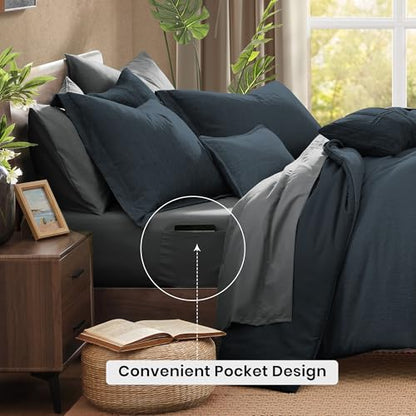 Queen Comforter Set 7 Pieces Navy Blue Cationic Dyeing Bed in a Bag