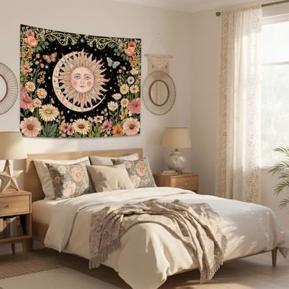 Boho Vintage Sun and Moon Hippie Floral Tapestry 60x44 Inch