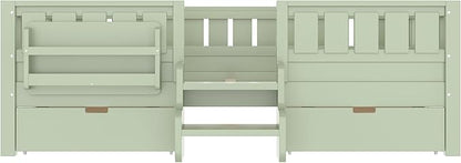 Bellemave Full Size Bed with Slats and Stairs, Full Size Platform Bed Frame with Fence, Bookshelf and Storage Drawers, Easy Assemble Beds for Kids, Girls, Boys, Green