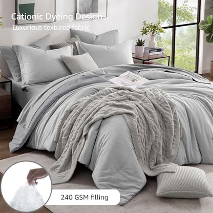 Full Comforter Set 7 Pieces Light Grey Cationic Dyeing Bed in a Bag