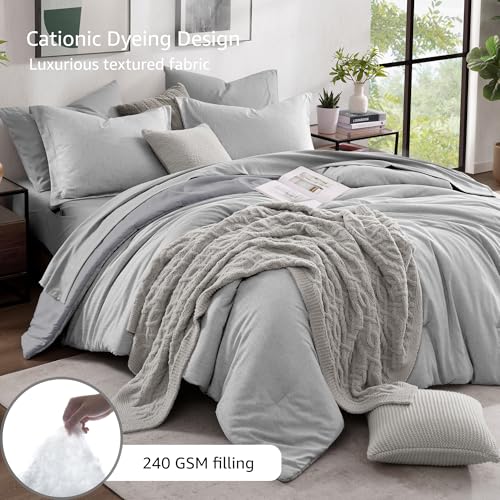 King Comforter Set 7 Pieces Light Grey Cationic Dyeing Bed in a Bag
