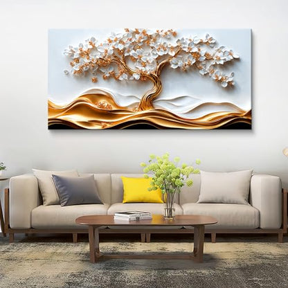 Large White Wall Art Prints Gold Tree Of Life Canvas Art Wall Decor For Living Room Aesthetic Home Tree Pictures Wall Decor Picture For Bedroom Loft Villa Guest Room Interior Adornment 29*58 Inch