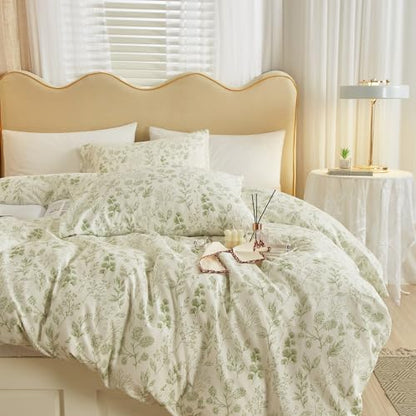 Garden Style Green Floral Comforter Set Full Size White Soft Fluffy Microfiber Comforter Chic Floral Printed Bedding Set Vintage Flowers Leaves Botanical Comforter Set All Seasons Full Comforter Set
