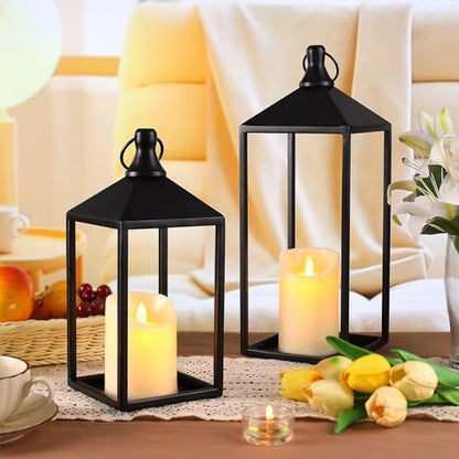 2 Pcs Black Decorative Metal Lanterns Farmhouse Lantern Decor with Candles (70 Count)