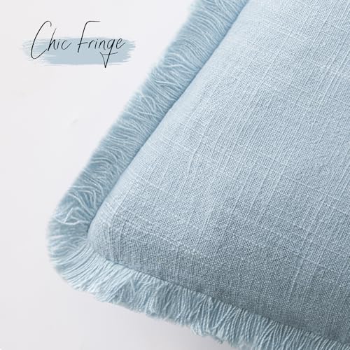 Decorative Linen Fringe Throw Pillow Covers 22×22 Light Blue (2 Count)