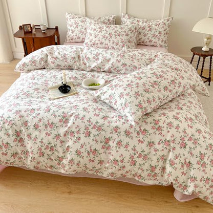 Vintage Flower Comforter Set Queen Girls Cute Pink Floral Bedding Comforter Lightweight Soft Cottagecore Bedding Set Botanical Rose Flowers Print Farmhouse Comforter with 2 Pillowcases