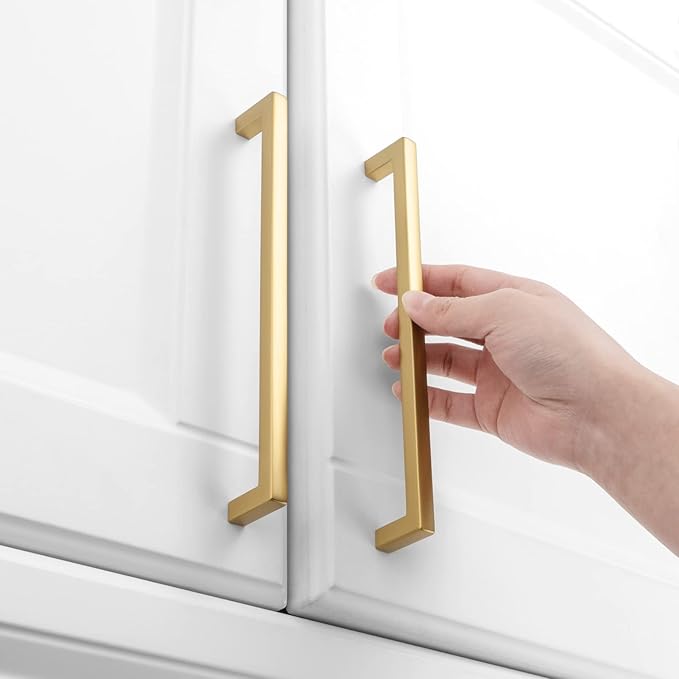 KOOFIZO Solid Square Bar Cabinet Handle - Brushed Gold Furniture Pull, 7.6 Inch/192mm Screwhole Distance, Pack of 5 for Kitchen Cupboard Door, Bedroom Dresser Drawer, Bathroom Wardrobe Hardware