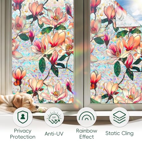 Window Privacy Film Decorative Stained Glass Window Film Rainbow Magnolia Floral Static Cling Non