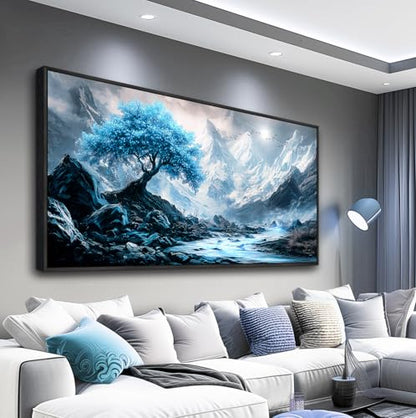 Large Black Framed Wall Decor For Living Room Canvas Wall Art For Office Modern Wall Decorations For Bedroom Blue Tree Landscape Paintings Aesthetic Pictures Artwork Home Decor 24x48 In