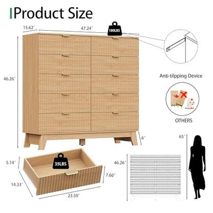 Fluted Dresser for Bedroom with 10 Drawers