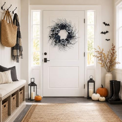 22 Inch Black and Silver Halloween Wreath with 40 Orange LEDs