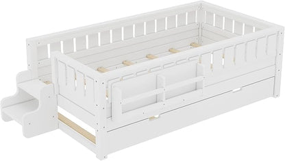 Bellemave Twin Bed with Trundle Twin and Stairs, Twin Size Platform Bed Frame with Fence and Bookshelf, Easy Assemble Beds for Kids, Girls, Boys, White