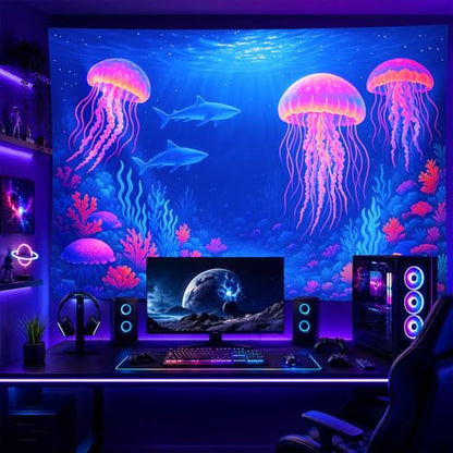 Blacklight Tapestry Jellyfish Shark Wall Art 78 x 59 Inch