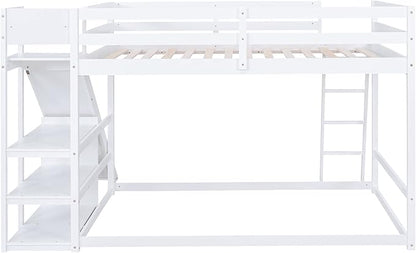 Full Over Full Bunk Bed with Ladder, Wooden Bunk Bed Frame with Slide and Shelves, Low Bunk Bed for Kids Teens Adult, Space-Saving Bedroom Dormitory Furniture (White + Pine-05)