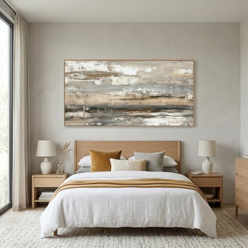 Abstract Wall Art Canvas Print Neutral Tones Beige Gray and Brown Framed Landscape Painting 48 x 24 in Artwork for Living Room Bedroom Wall Decor Ready to Hang for Office Dining Room