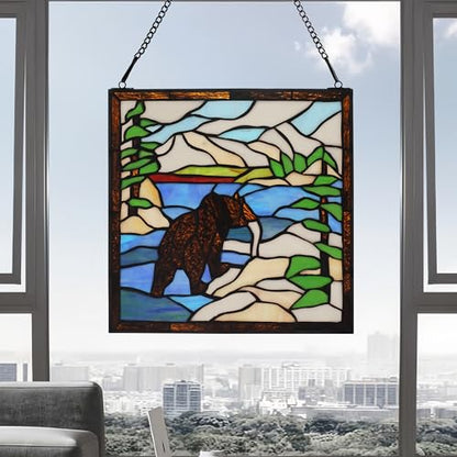 Stained Glass Window Hanging 12" Square Tiffany Animal Style Brown Bears Suncatcher Wall Decor Art Panel Includes 20" Chain and Hooks The Perfect Housewarming Gift