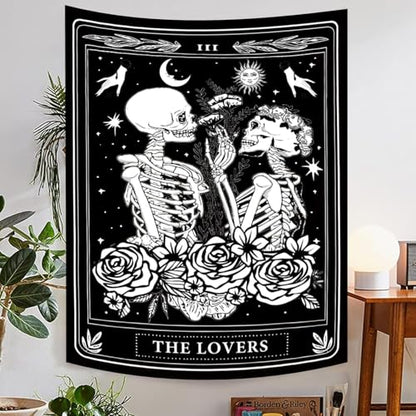 The Lovers Skull Tapestry Gothic Tapestry Vertical Black and White Skeleton Gothic Witch Sun Moon Floral Plant Snake Tapestries Wall Hanging Decor for Bedroom Dorm Room 60 x 80 Inches