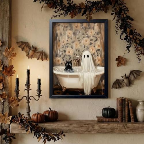 Funny Black Cat Bathroom Wall Art Framed Canvas Print