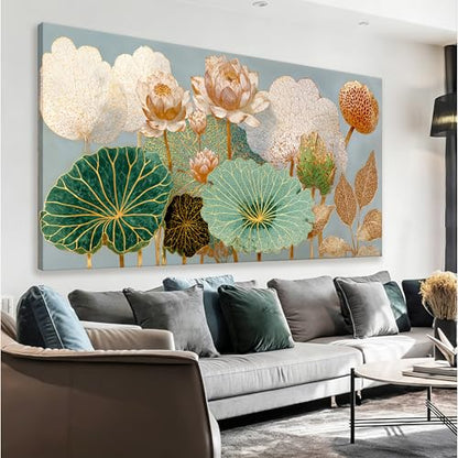 Large Canvas Wall Art Decor Modern Floral Botanical Nature Canvas Prints Gold Lotus Flower Wall Art Decor For Living Room Elegant Canvas Art Wall Decor For Bedroom Home Office Wall Decor 24"×48"