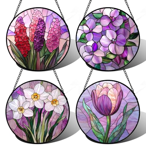 Stained Glass Window Hanging 4 Pcs Set Purple Flower Theme 7.8"