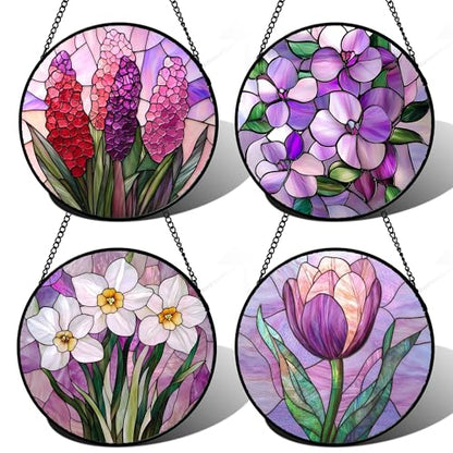 Stained Glass Window Hanging 4 Pcs Set Purple Flower Theme 7.8"