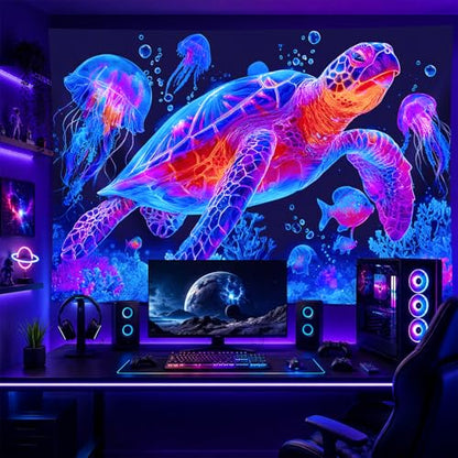 Blacklight Tapestry Turtle Ocean Room Wall Art 78 x 59 Inch