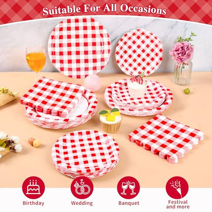 200Pcs Christmas Red Gingham Party Supplies Red Gingham Paper Plates and Napkins Cups Plaid Party Plates Disposable Reds and White Checkered Plates for Christmas Birthday Family Picnic (200 Count)