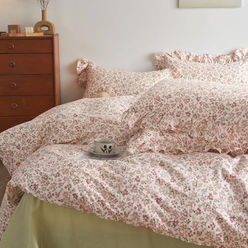 Pink Red Flower Comforter Set King Vintage Garden Style Blooming Floral Comforter with 2 Ruffle Pillowcases Aesthetic Floral Bedding Set Soft Fluffy Cottagecore Comforter Set for Girls Women