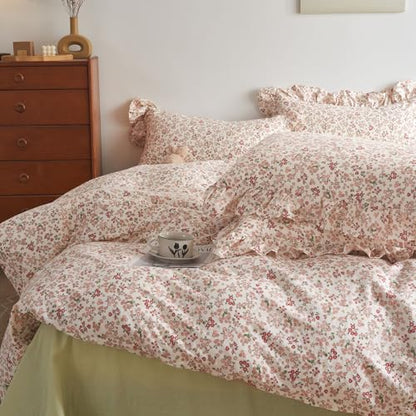 Pink Red Flower Comforter Set King Vintage Garden Style Blooming Floral Comforter with 2 Ruffle Pillowcases Aesthetic Floral Bedding Set Soft Fluffy Cottagecore Comforter Set for Girls Women